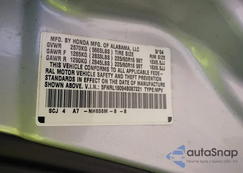 2004 Honda Odyssey Ex-L z USA, uszkodzony, nr VIN 5FNRL18094B087221